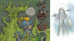 RPG Illustration Comic style 13th Age adventuring party with ghostly look at the pregnant cleric