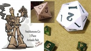 Game Supplement Power-suit steampunk concept plus modelled, 3D printed and painted custom dice