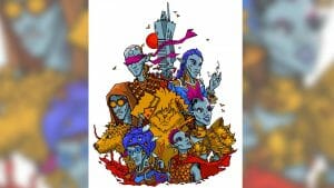 RPG Illustration Spire campaign t-shirt design featuring character concepts for the party