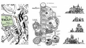 The Facility 2D digital illustrations, the central map won the 2019 ARPIA cartography award